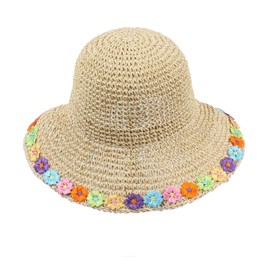 Meliyya Women's Straw Sun Hat Foldable Summer Straw Hat Flowers Beach Hat Wide Brim Summer Hat, A-beige
