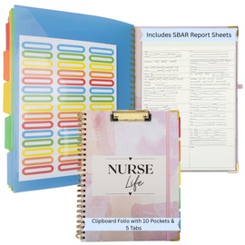 Nurse Clipboard Folio with SBAR Report Sheets – Refillable Nursing Report Notepad, 10 Pocket File Organizer, 5 Tab Dividers (1 Patient per Page Refillable Report Notepad)