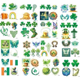 Aresvns St. Patrick's Day Temporary Tattoo 24 Pcs Green Shamrock, Lucky Clover Tattoos Art Make up Deco Irish Party Favors For Men And Womem