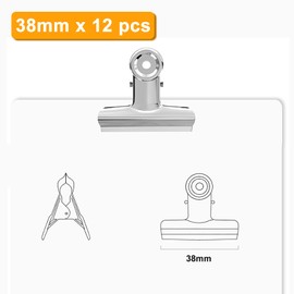 GUOKOFF 38 mm Bulldog Clip, Pack of 12 Metal Hinge Clips, Silver Stainless Steel Paper Binder, Bulldog Binder Clips, Paper Clips for Pictures, Photos, Kitchen and Office