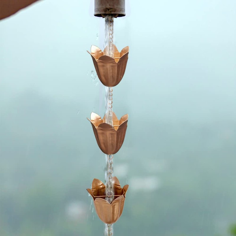 Qipade Rain Chains for Gutters, 8.3ft Length Copper Lotus Rain
