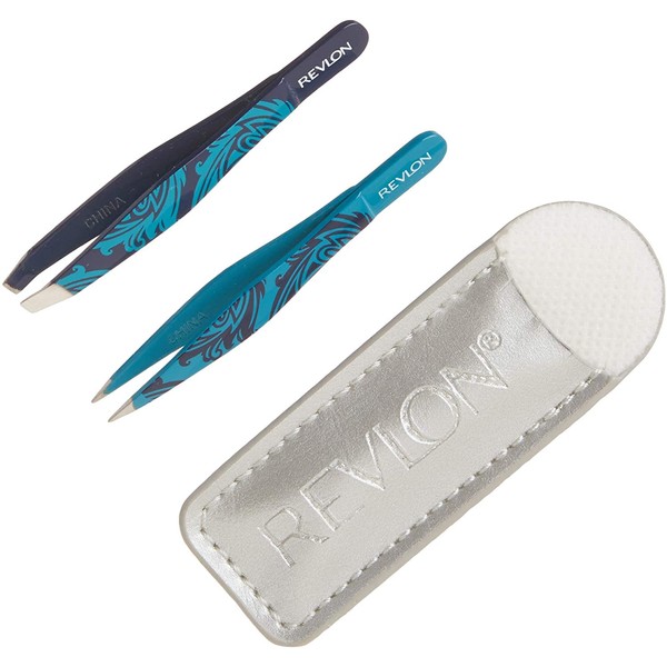 Revlon Mini Tweezer Set To Go, Slant and Point Tip Tweezers, Made with Stainless Steel, Pack of 2 (Assorted colors)