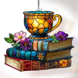 Jabihome Book Ornament Faux Stained Glass, Bookish Gifts for Librarian, Book Lovers, Reader, Teacher, Women, Bookclub, Suncatcher Window Hanging Acrylic Decor for Christmas Tree (Tea Tales)