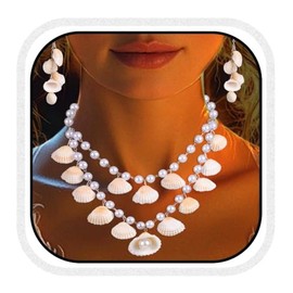 Fashband Shell Necklace Set Boho Layered Pearl Necklaces Earrings Beach Summer Necklace for Women One Size Faux Pearl No Gemstone