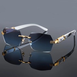 Vintage Style Rimless Fashion Glasses for Men & Women - Thick PC Lenses, Metal Hinges, Marble Pattern, Lightweight & DurableDesign: Golden Frame Gradient Blue, Frame Material: Alloy