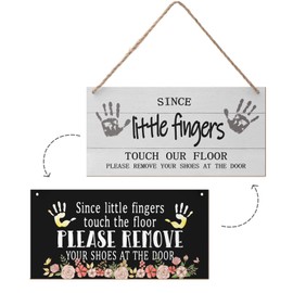 Since Little Fingers Touch The Floor Please Remove Your Shoes at The Door Sign No Shoes Sign for House Two Sided Shoes off Art Hanging Sign Welcome Decorative Wooden Wall Pediments for Home 12"x6"