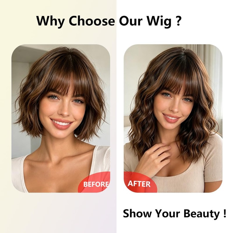 Brown Highlights Wig with Bangs for Women,12 Inch Wavy Bob