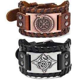 Sehaby Pack of 2 Viking Leather Bracelets, Flying Dragon Totem Bracelet, Vintage Compass Bracelet, Adjustable Cowhide Bracelet, Handwoven Bracelet, Celtic Knot Bracelet for Men, Leather