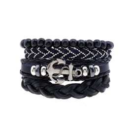 SBI Jewelry Women Black Hook Anchor Leather Bracelets for Men Multi-layer Wrap Gift Black Beaded Friendship Wristband Couple Silver Fathers Day Birthday Anniversary 4PC
