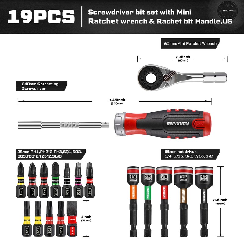 GEINXURN 19 Pieces Ratcheting Screwdriver Set and Socket Wrench Set,