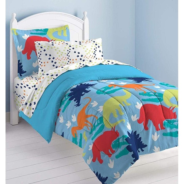 dream FACTORY Kids 5-Piece Complete Set Easy-Wash Super Soft Comforter Bedding, Twin, Multicolor Dinosaur Prints