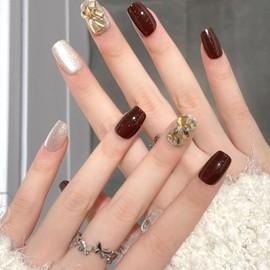 Press on Nails Short Square Fake Nails Cat Eye Acrylic Nails Glitter Glossy Glue on Nails Burgundy False Nails with Golden Glitter Heart Rhinestones Designs Artificial Stick on Nails for Women 30 Pcs