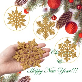 48pcs Gold Plastic Snowflake Decorations Christmas Tree Ornaments Glitter Snow Flakes Ornaments Christmas Indoor Winter Wonderland Decor，3 Sizes， 3Styles