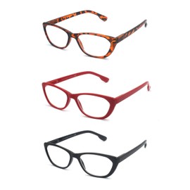 EYE ZOOM 3 Pairs Ladies Readers Cat Eye Style Reading Glasses with Spring Hinge for Women, Black, Brown Tortoise and Red, 2.00 Strength