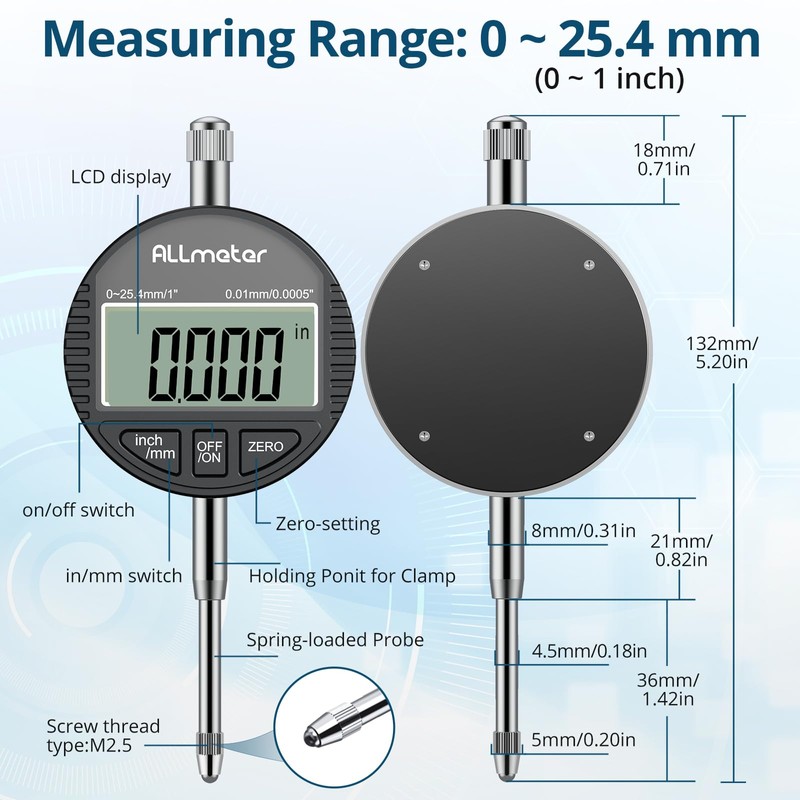 ALLmeter DTI Digital Dial Test Indicator, 0.01mm/0.0005" Resolution, 0-25.4mm/1" Measuring