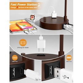 Brown Side Table Lamp with USB Port and Outlet, Dimmable Nightstand Bedside Lamps with Linen Lampshade, Desk Lamp for Bedroom, Living Room, Guest Room, Home Office, LED Bulb Included