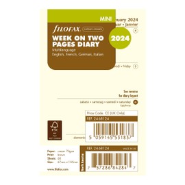 Filofax Calendar Diary Refill, Mini Size, Week-to-View, Cotton Cream Paper, Unruled, Multilingual: Four Languages, 2024 (C68124-24)