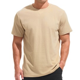 VEIISAR Men's Mini Waffle Knit Crew Neck T-Shirt - 190gsm Ultra-Fine Textured Cotton Tee - 1mm Micro Grid Breathable Top（ Khaki M）