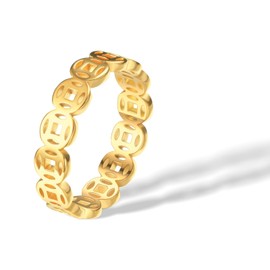 munone 4mm Feng Shui Ring Copper Coin Ring for Women Men,18k Gold Plated Titanium and Stainless Steel Lucky Wealth Money Band