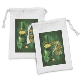Ambesonne St. Patrick's Day Fabric Pouch Set of 2, Large Pot of Gold Leprechaun Hat Shamrocks Greetings 17th March, Small Drawstring Bag for Toiletries Masks and Favors, 9" x 6", Yellow and Emerald