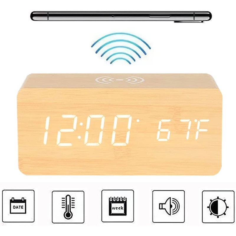 Wooden Digital Alarm Clock with Wireless Charging, 3 Alarms LED