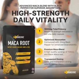 Biorevive Maca Root Capsules 1000mg, 60 Count – High Strength Vegan Supplement – Daily Support for Men & Women, Energy, Stamina & Hormonal Balance