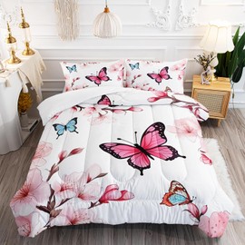 XYNHML Colorful Butterfly Cherry Blossom Comforter 3Pcs Full Sakura Flower Romantic Butterfly Bedding Set for Kid Teen Girl Boy Adult Petal Floral Quilt Decor with 1 Comforter and 2 Pillowcases