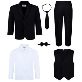 Boy's 5-Piece Suit Set - Includes Suit Jacket, Dress Pants, Matching Vest, White Dress Shirt, Neck Tie - Black, 8