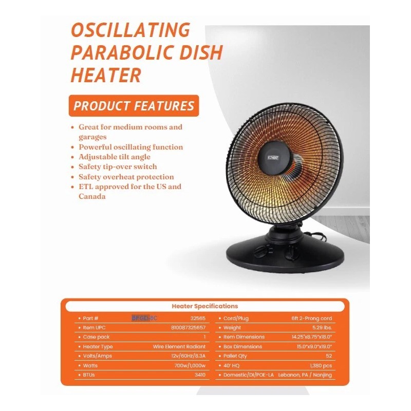 EZ Heat 1000 Watt Oscillating Parabolic Dish Heater 32565 BFGD-8C