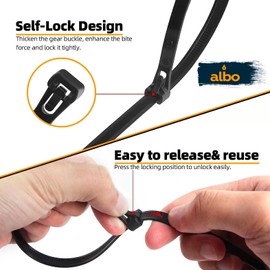 ALBO Black Reusable Zip Ties Assorted Sizes 200 Pack (6+8+10+12 Inch) Heavy Duty Releasable Cable Ties UV Resistant Nylon Tie Wraps