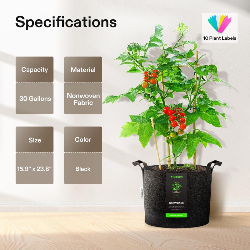 VIVOSUN 5-Pack 30 Gallons Grow Bags, Heavy Duty Thickened Nonwoven