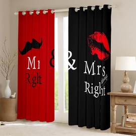 Mr Mrs Window Drapes Black Red Creative Curtains Love Man Mustache Woman Lip Romance Window Treatments Funny White Quote for Lover Couple Valentine Day Home Bedroom Decor (2 Panels, 42x63 Inch)
