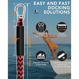 3Feet Bungee Dock Lines 2 Clips Heavy Duty 316 Stainless Steel Clips 2PCS (Red&Black, 3 Feet)