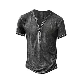 Mens Short Sleeve Henley Shirts Distressed Vintage Tee Shirts Casual Button Down Washed T-Shirts for Men