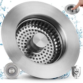 Kitchen Sink Strainer Stopper Combo All Metal Stainless 3-in-1 Pop Up Sink Drain Strainer with Handle Rod for US Standard 3-1/2 inch Drain Filter, Anti-Clog - Color: All Metal Shell with 1 Metal Strainer