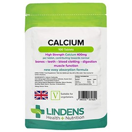 Lindens Calcium 400mg Tablets with Vitamin D3-100 Tablets - Contributes to Normal Muscle Function, Bones, Teeth and Digestion - 50 Days - UK Manufacturer, Letterbox Friendly