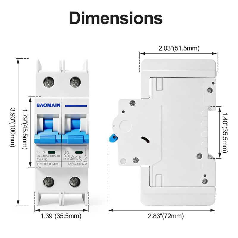 40A 2P DC Circuit Breaker with DIN Rail 600V 10kA