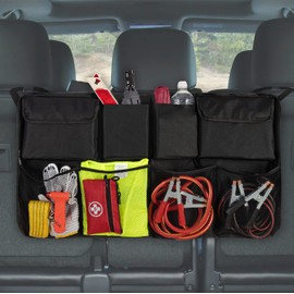 Car Boot Organiser - Backseat Storage Organizer with 4 Elastic Mesh Pockets and 2 Bottle Holder + 2 Large Compartments - Tidy Vehicle Hanging Storage | Declutter Cargo Net Bag for Travel