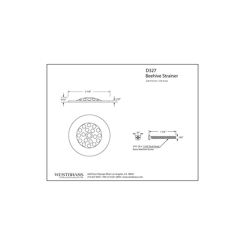 Westbrass D327-50 Beehive Tub Grid Strainer with Screw, Powder Coat