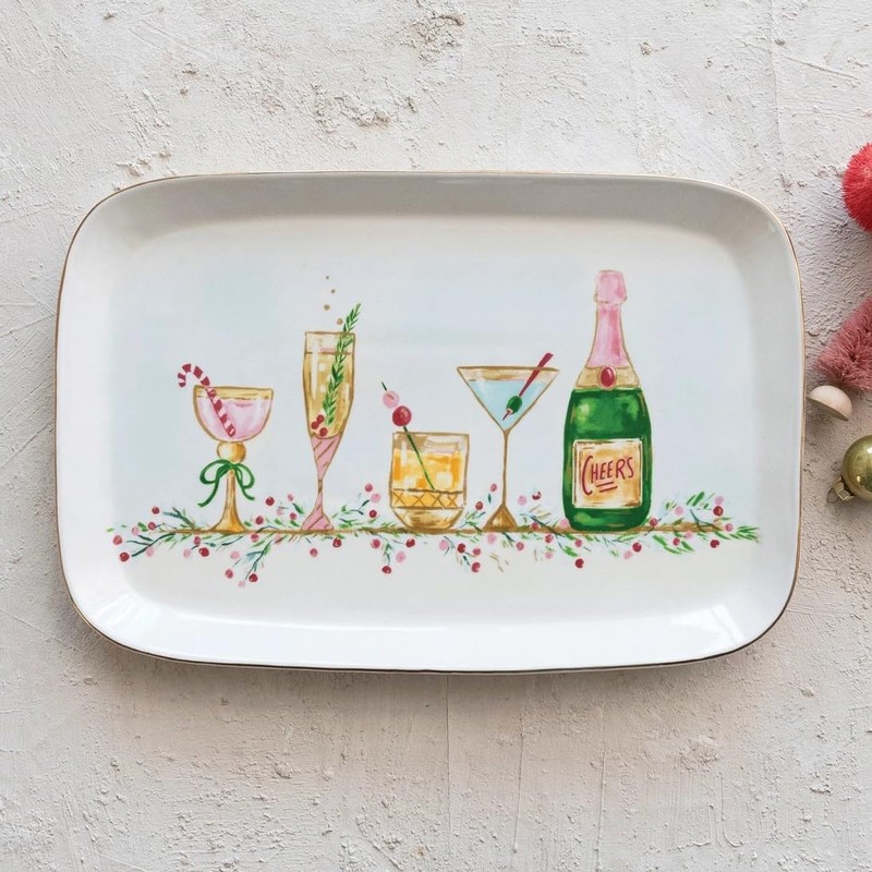 Creative Co-Op Stoneware Platter with Holiday Cocktails and Gold Electroplating,