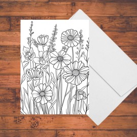 Adult Coloring Greeting Cards, Wildflowers Floral, Set of 8 Large All Occasion Cards, A7 Size, 5" x 7", Personal Stationery Set with Mailing Envelopes, Paper Crafting Kit
