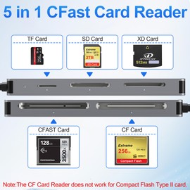 CFast Card Reader 5 in 1, USB-C CFast 2.0 Card Reader 5Gbps, Simultaneous Reading for CFast/CF/SD/TF/XD Cards, Memory Card Adapter for Camera/MacBook/Computer/PC