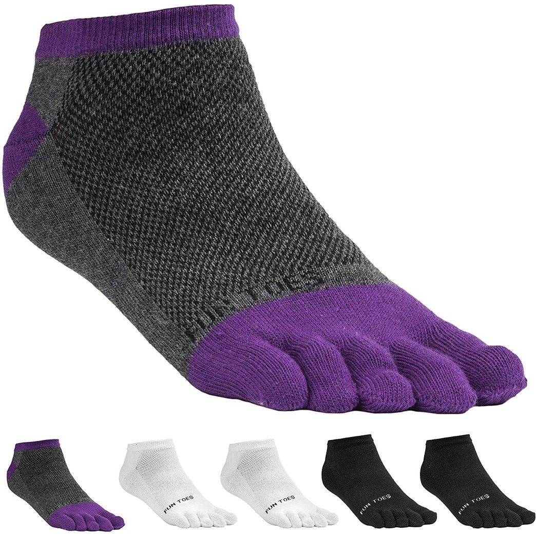 FUN TOES Women's Cotton Toe Socks-Breathable-6 PAIRS Pack-Size 9-11-Lightweight (2 Black/ 2White/ 2Grey-Purple)