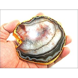 Jet International Gold Plated Agate Slice Coaster Single (1) Piece 4 inch Approx. Good Luck Happy Home Gemstone Saucer Geode Stone Cup Holder Table Decoration Home Image is JUST A Reference