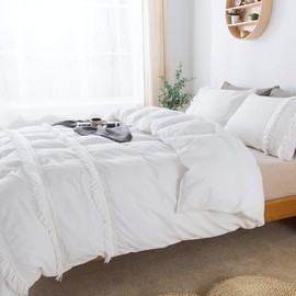 Softta White Tassel Bedding Duvet Cover California King 3 Pcs Bohemian Bedding Vintage and Farmhouse 100% Washed Cotton Boho Bed Cover White Zipper Closure