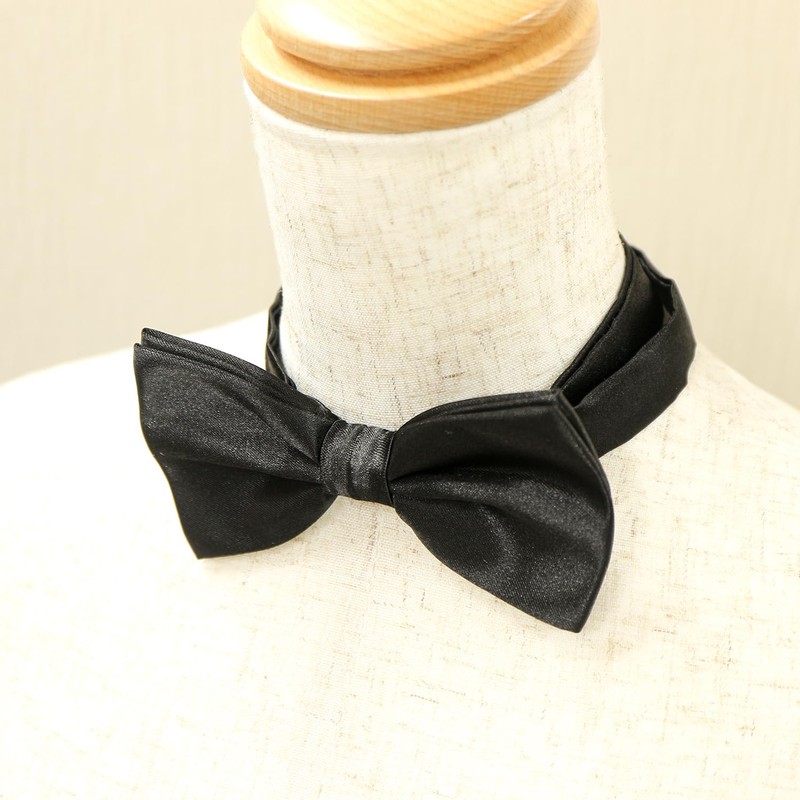 BWT-001 Men's Bowtie, Plain, Black, Satin, Hook-type, Easy to Put
