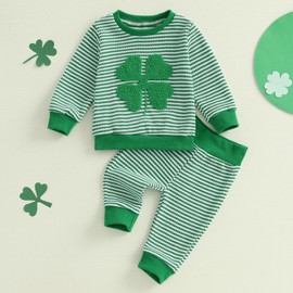 Karuedoo Infant Toddler Baby Boy Girl St Patricks Day Outfit Clover Embroidery Stripe Long Sleeve Sweatshirt and Pants Set (Four Leaf Clover Green, 12-18 Months)