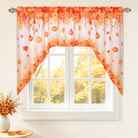 Fall Swag Curtains Maple Leaf Valances for Windows, Thanksgiving Pumpkin Kitchen Valance Curtains Light Filtering Rod Pocket Window Valance for Living Room, Bedroom, Bathroom, 60" W x 36" L