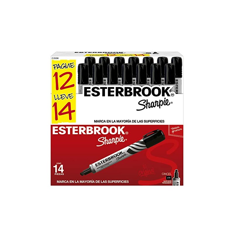 Sharpie Esterbrook Marcadores Permanentes, Punta Cincel, Negro, 14 Piezas