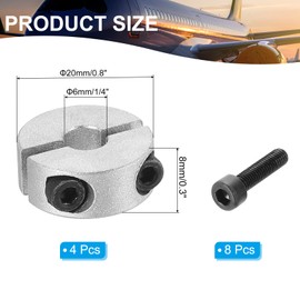 PATIKIL 6mm Bore Double Split Shaft Collar 20mm OD 8mm Thickness 4 Pack Aluminum Alloy Lock Collar Clamp Style Set with Screw for Machine Tool Industry Silver